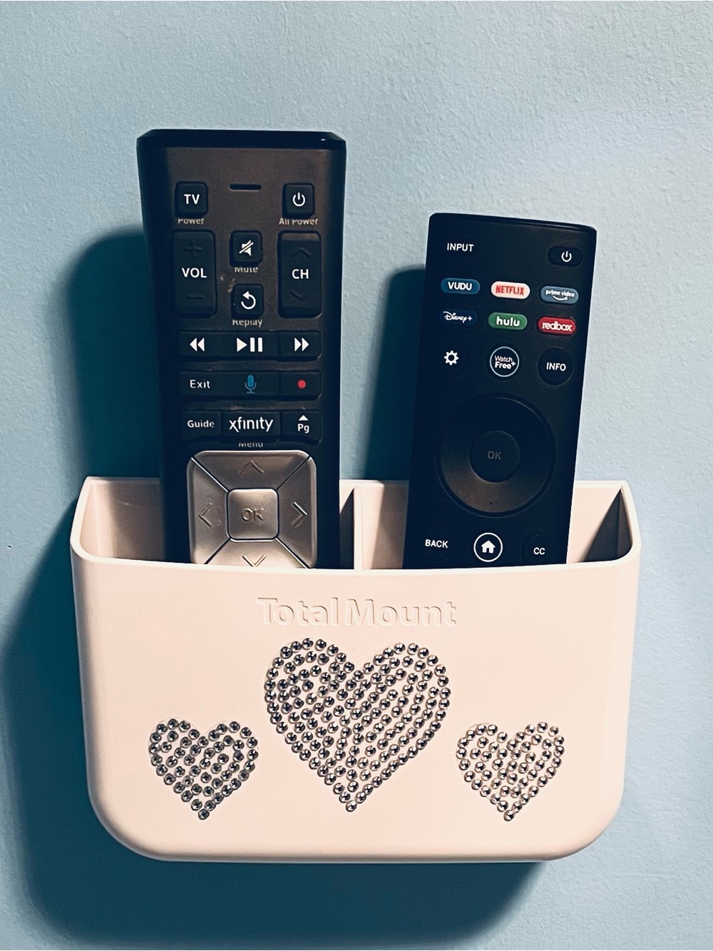 White Remote Holder with Rhinestone Hearts